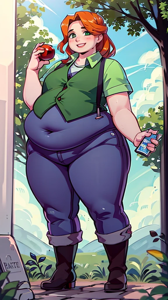 Green simple tunic, suspenders, jeans, brown boots, happy face, smiling, day, long hair, outside, daylight, sunny day, near an apple tree, holding an Apple, chubby, chubby belly