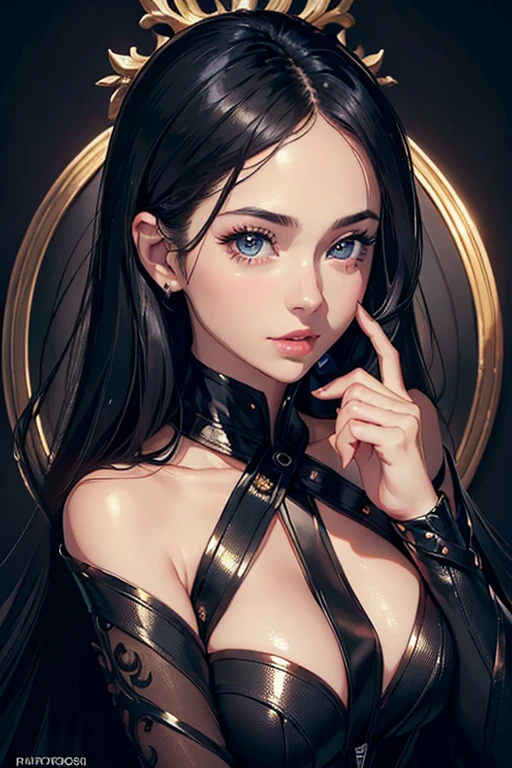 (masterpiece:1.3), (8k, photorealistic, RAW photo, Highest image quality: 1.4), (1 girl), beautiful face, (realistic face), beautiful hairstyle, (realistic eyes), beautiful detail eyes, long eyelashes, (realistic skin), beautiful skin, [Medium chest:0.2], (perfect 8 head body:1.3), (details body:1.2), disorganized, Charm, ultra high resolution, Super realistic, high detail, soft lightning, golden ratio, ((Full body photo shoot)),portrait, jet black theme, detailed and beautiful eyes, dense and beautiful lips, long eyelashes, alone, look at the viewer, big breasts, portrait, Full body photo shoot、Jet Black Queen、25 year old female、(whole, The shooting screen has a glossy feel.)、Shiny jet-black hair、small jet black eyes、double eyelid、With a gentle smile、Fine-textured skin with visible pores、((perfect hands, detailed finger))、((detailed background、The king&#39;s throne room decorated with jet-black ornaments))、((Queen Costume、Jet black decorative pattern bustier、jet black lace panties、jet black lace garter belt、Jet black lace half stockings、crown、jet black lace dress with fur、jet black lace gloves、jet black stiletto heels))、はちきれそうなbig breasts、deep cleavage、thin waist、toned thighs、long and thin legs、((Poses that make you feel the flexibility of your body))