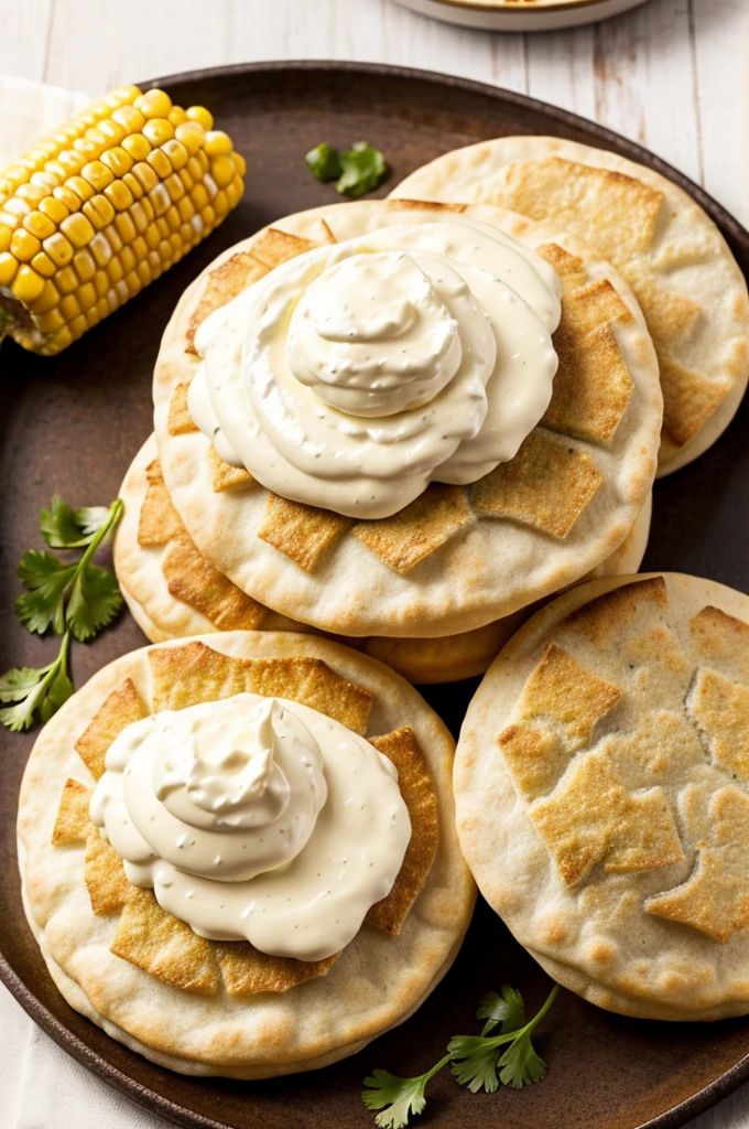 Gorditas of corn dough stuffed with pork rinds, served with sauce and cream.