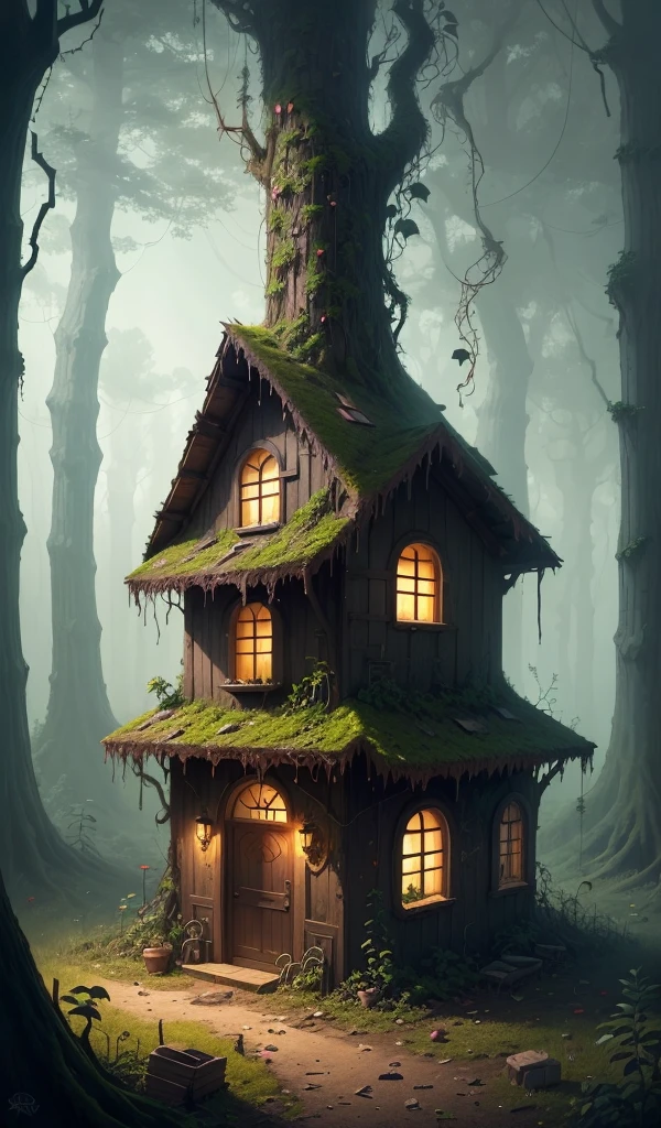(anime, digital paint, the old woman's destroyed gingerbread house, remnants of candy and sweets scattered around, eerie and dark atmosphere, forest reclaiming the area with vines and plants growing over the ruins, sense of nature taking over)
