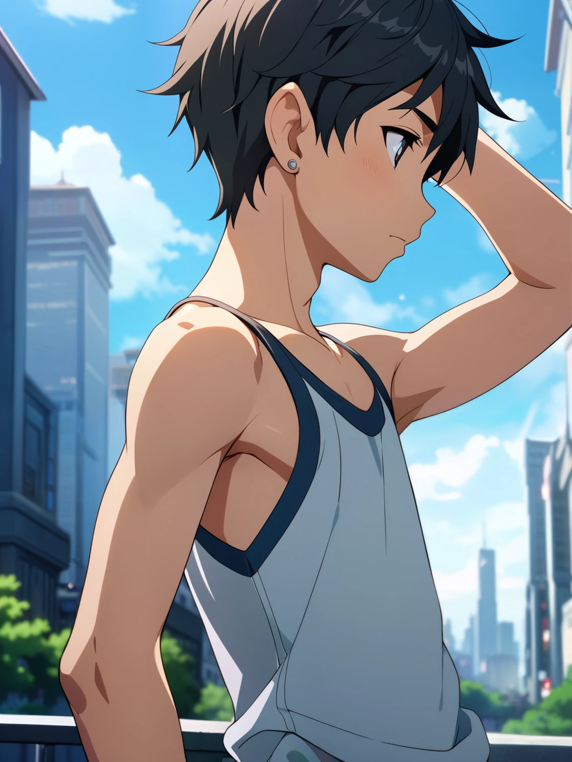 Highres, Masterpiece, Best quality at best,Best Quality,hight quality, hight detailed, Anime style, 1boy, Shota, Black hoodie, Sleeveless hoodie, Seen from the front, look at viewer, (very young boy), (very small and short body), 12-year-old boys, (Showing armpit:1.3), hansome boy, Sweat