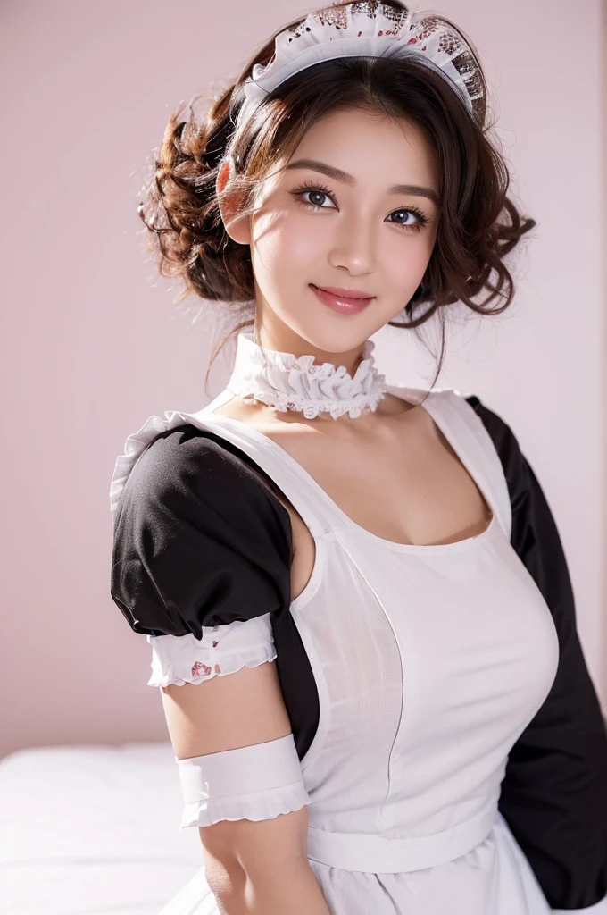 ((Beautiful maid:1.5),high resolution, Top quality),Dressed as a maid,Soft hands, Big bright eyes, Dark and Vibrant Curls, sweet smile, Red face, Soft Light, Pure white background.  