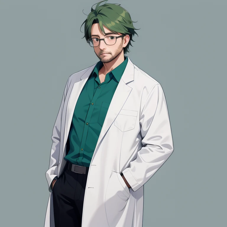 1 old man, 30 years old, white lab coat, dark green hair, blue collared shirt, black pants, glassese, full body, standing, lower arms, looking at viewer, front view, thick outline, gray background, simple background