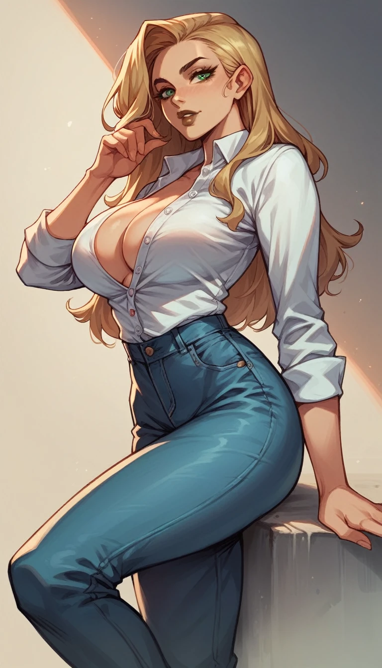  A sexy woman with big breasts, dark blonde hair, green eyes, brown lips, wears a white button-down top and metallic blue pants.