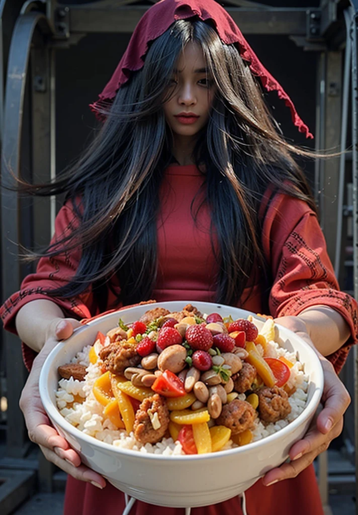 photorealistic, real girl , ((1 girl)), ((ultra-realistic)), gloss, 8k, detailed face, woman wear, red kuntilanak, with red wedding dress transparent, showing seblak food bowl
