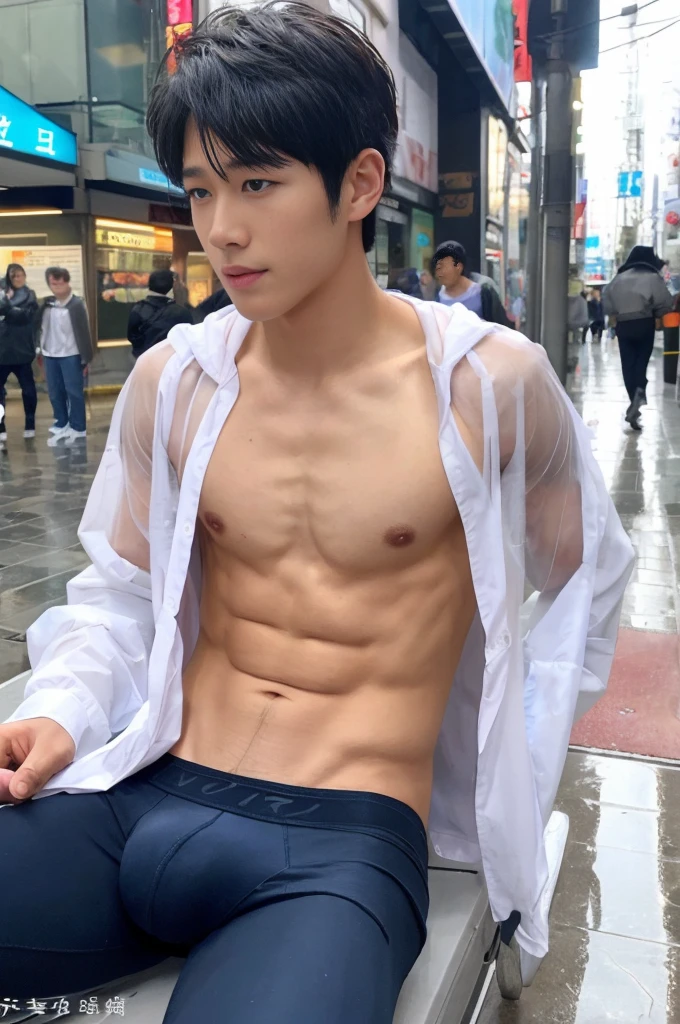 Handsome Asian boy,  boy , handsome Korean face, neat muscular, transparent raincoat, white micro thong with big bulge, showing abs, rainy day, very wet body, very hairy armpits, sit pose, siting on the bussy street