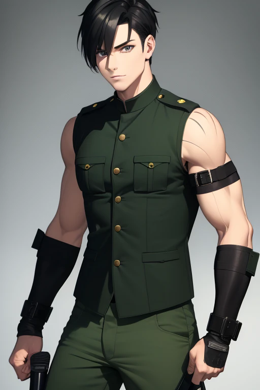Aiden Flynn 30 build slim muscles military uniform open green vest military print green pants black hair black eyes dark skin tattoo holding a knife