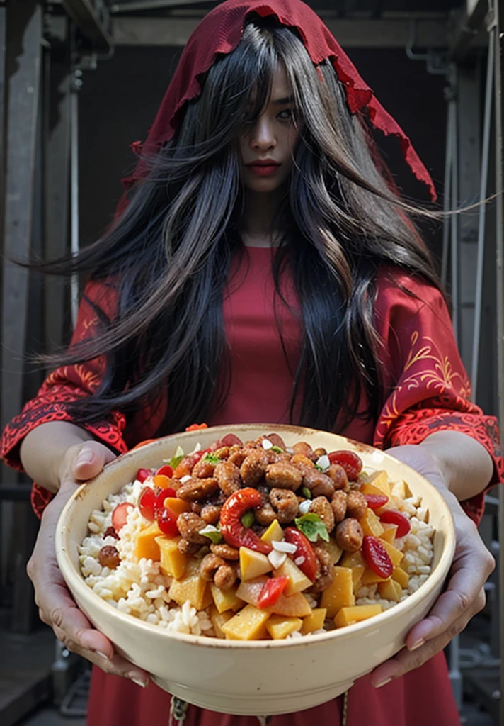photorealistic, real girl , ((1 girl)), ((ultra-realistic)), gloss, 8k, detailed face, woman wear, red kuntilanak, with red wedding dress transparent, showing seblak food bowl, standing in a dark room in the middle bridge at night