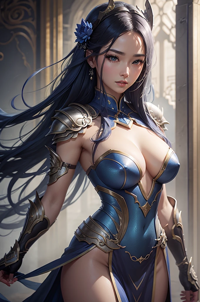 Close up of woman in silver and blue dress, Pan Chengwei on artstation, author:Yang J, Detailed fantasy art, Stunning character art, Fan Art Best Artstation, Epic and beautiful character art, Beautiful armor, Extremely detailed Artgerm, Detailed digital anime art, artstation pixiv like artgerm, Armor Girl