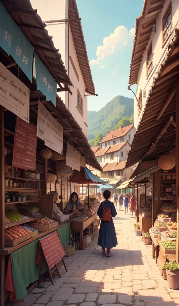 (anime, digital paint, children sharing their adventure with curious villagers, a vibrant village square, happy and intrigued faces of villagers, colorful market stalls and cheerful atmosphere, children animatedly recounting their story, sense of community and wonder)