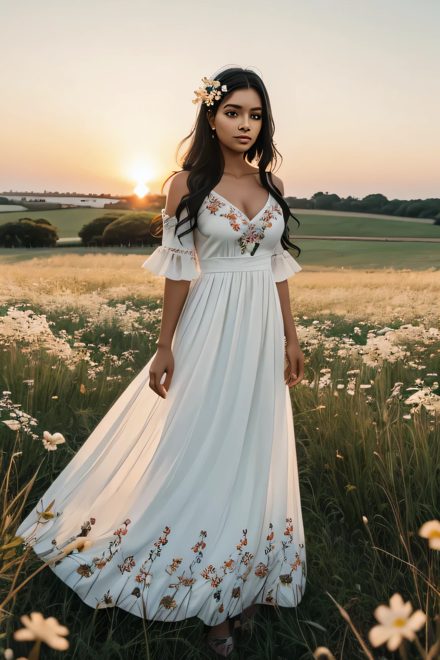 woman, black hair adorned with flowers, white cloth dress, among the grass, surrounded by white rabbits, looking at the camera, looking at the viewer, sunset background