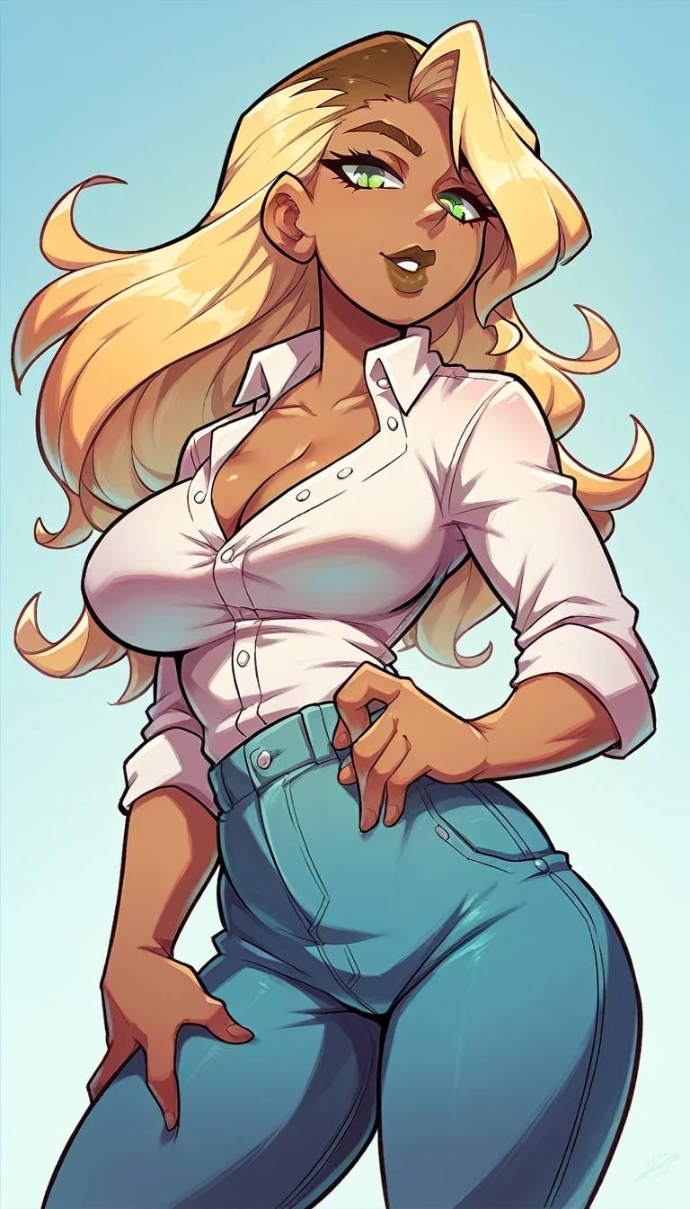 A sexy woman with big breasts, dark blonde hair, green eyes, brown lips, wears a white button-down top and metallic blue pants., anime