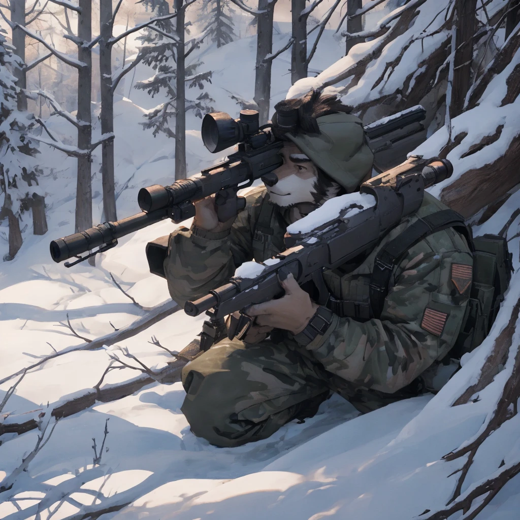 Male, male, Wolf, black fur, white fur, short hair, black hair, red heart stripes on his hair, 20 years old, snipers, sniper rifle, Snow camouflage, winter camouflage, dramatic effect, dramatic light, shadow, shade, higlight, high quality, high details, High detailed image, high quality image, Very detailed shadows, high detail shadows, Snowy forest, snowy, Winter