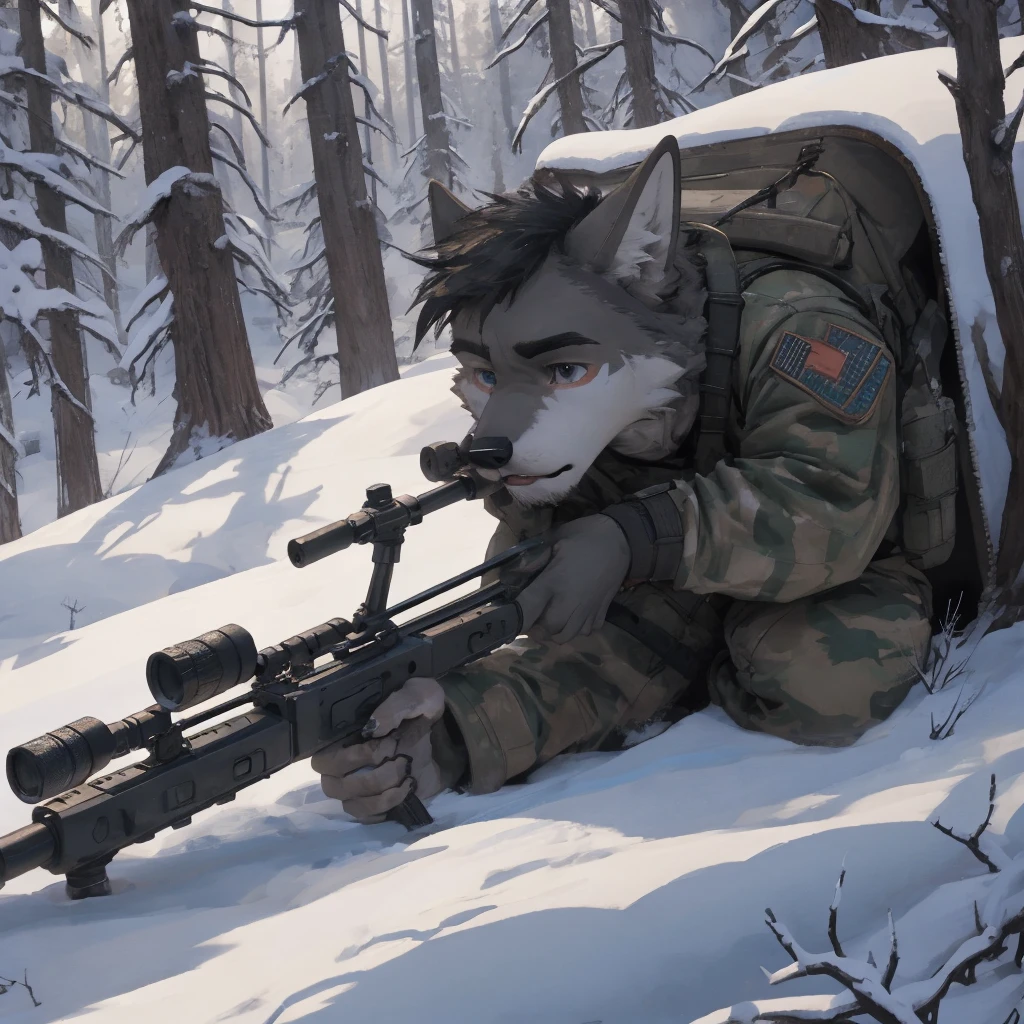 Male, male, Wolf, black fur, white fur, short hair, black hair, red heart stripes on his hair, 20 years old, snipers, sniper rifle, Snow camouflage, winter camouflage, dramatic effect, dramatic light, shadow, shade, higlight, high quality, high details, High detailed image, high quality image, Very detailed shadows, high detail shadows, Snowy forest, snowy, Winter