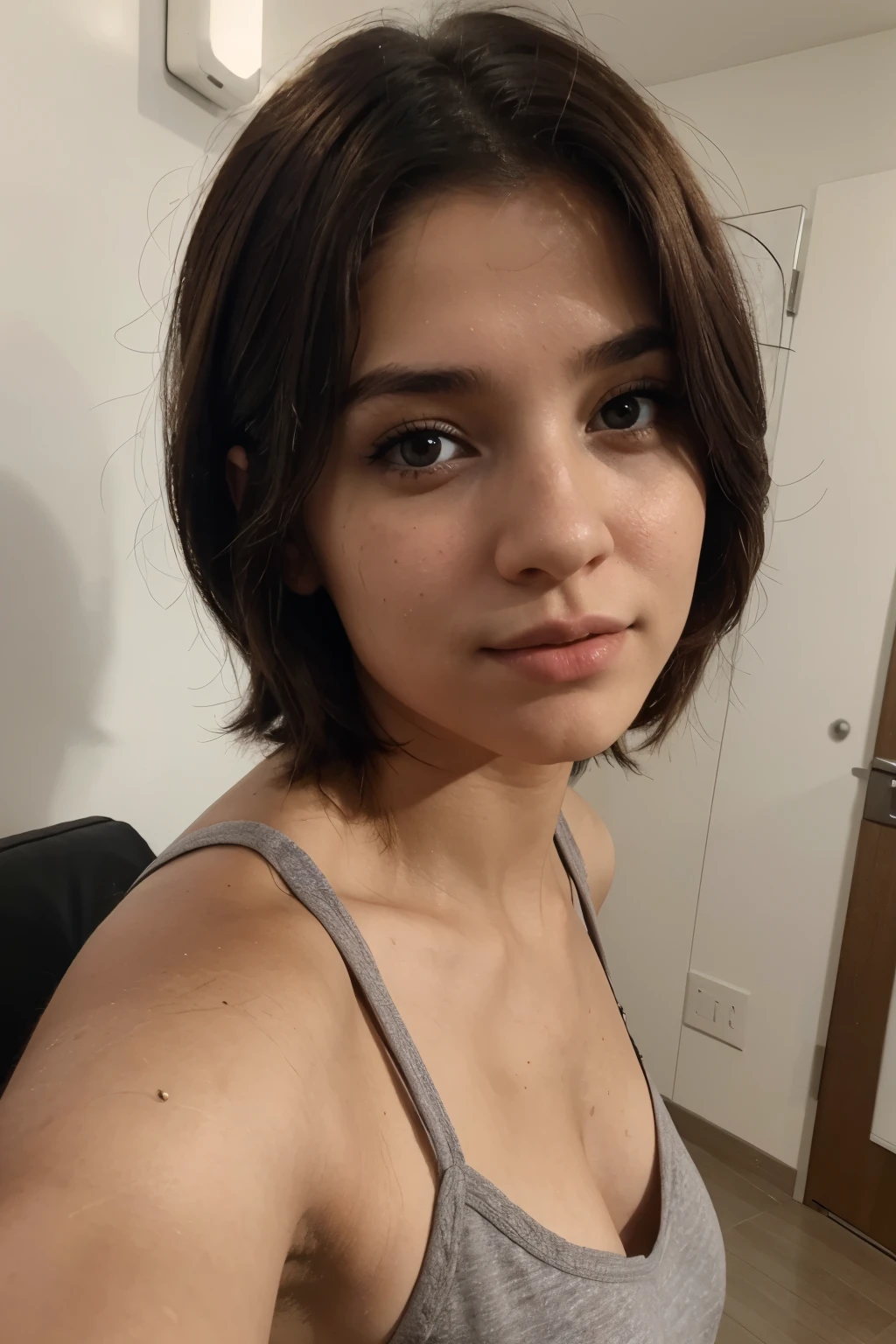 Selfie of girl raising her right arm, short hair, 21 years, Brown hair, gray eyes