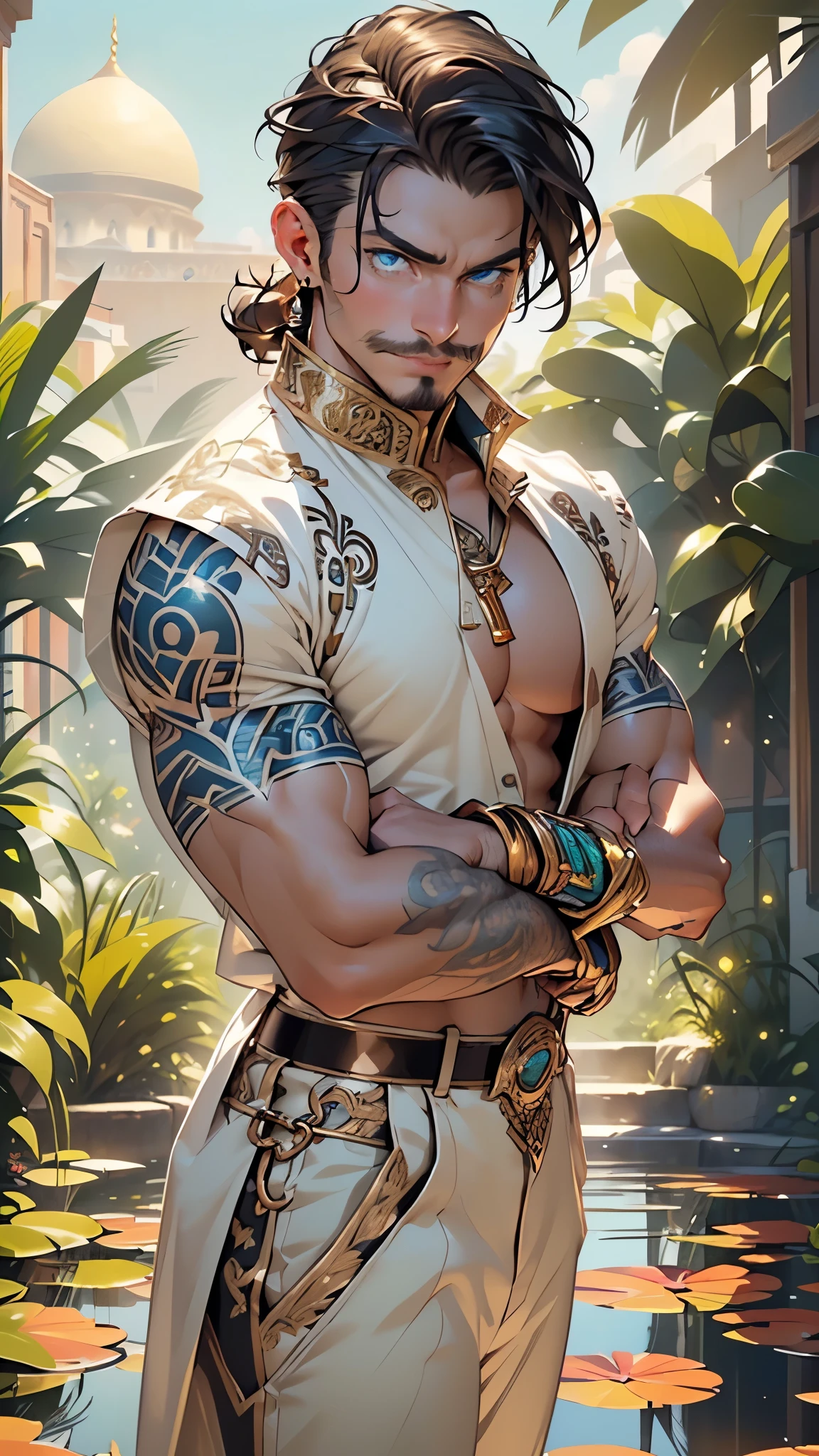 (man:1.5),1 man,male, muscle, 1boy, muscle, pectoral, muscular, Mature man,45 year,1 man,macho man,an extremely detailed face,((black hair,short cut hair,very short hair,black hair)),(((stubble:1.5))), (((orange_eyes:1.3))),intricate eyes,beautiful detailed eyes,symmetrical eyes,perfect face,((detailed face)),macho man,
(male arabic archer),arabic soldier,,
(((lustrous skin:1.5,tanned skin,bright skin: 1.5,skin tanned,shiny skin,very shiny skin,shiny body))),heroic,nsfw,
((arabic armor))),arm tattoo,shirtless,drawing bow,arabic pants,((bulge in pants)),(((intricate outfit,intricate clothes))),
dynamic pose,looking at viewer,centered,scale to fit dimensions,Rule of thirds,
outdoors,(dune desert,dune desert background,pyramids in the background),scenery,extremely scenery,clouds,Egypt style,(sunset, golden hour),
(Glossy Egyptian ornaments),highres,sharp focus,(ultra detailed,extremely detailed),(photorealistic artwork:1.37),(extremely detailed CG unity 8k wallpaper),(((vibrant colors,vibrant theme))),(intricate),(masterpiece),(best quality),artistic photography,(photography taken by sldr),(intricate background),perfect rendered face,perfect face details,realistic face,photo realistic,((intricate detail)),(((realism))),