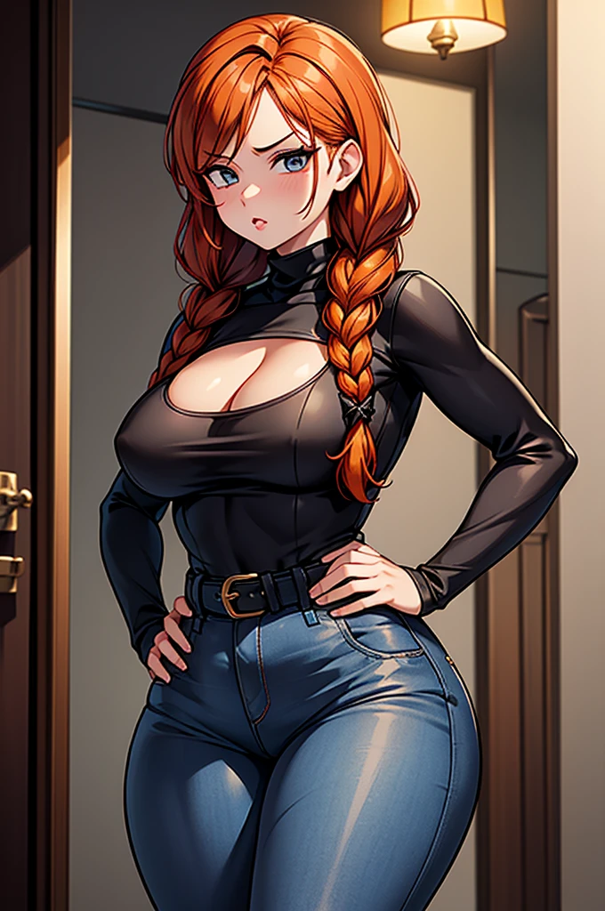 1 female, hourglass figure, pouty look, housewife, cleavage, Black turtleneck, small waist, thick thighs, orange hair, braided, hands on hips, tight jeans, masterpiece, slanty eyes, realistic lips, masterpiece, 4k.