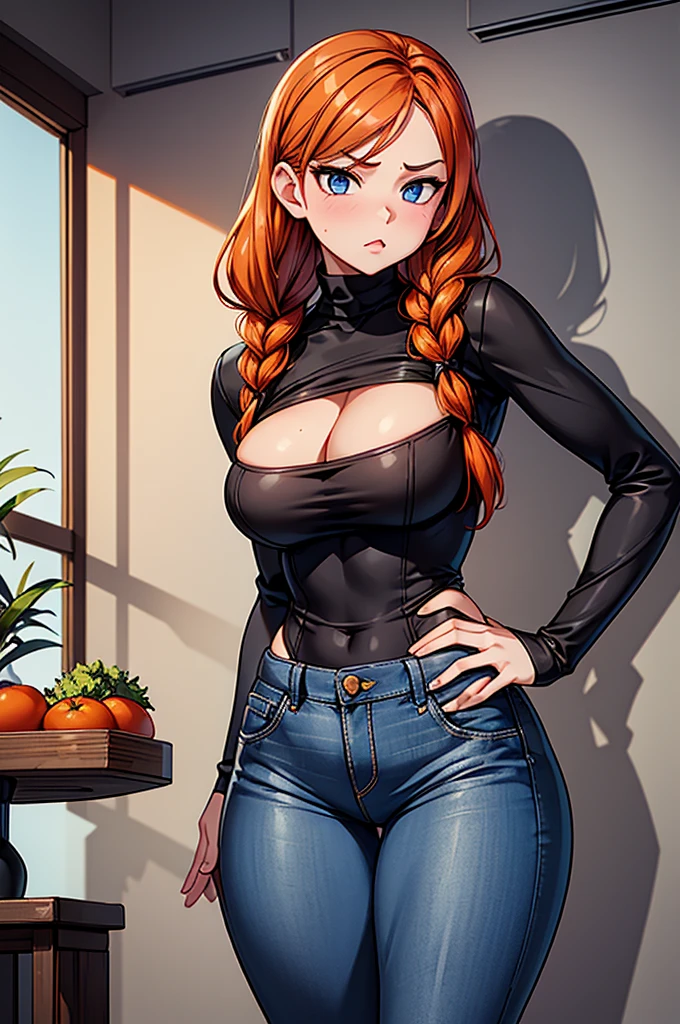 1 female, hourglass figure, pouty look, housewife, cleavage, Black turtleneck, small waist, thick thighs, orange hair, braided, hands on hips, tight jeans, masterpiece, slanty eyes, realistic lips, masterpiece, 4k.
