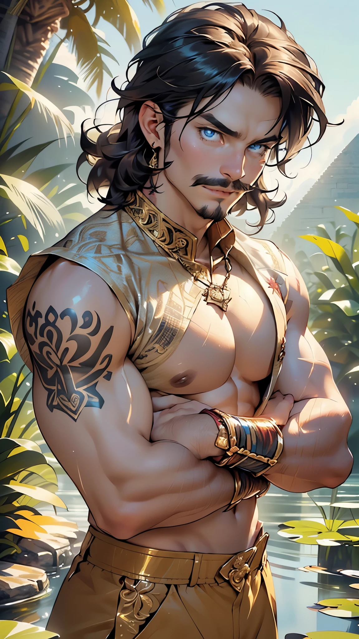 Charlie Bowater realistic Lithography sketch portrait of a muscular arabic man, flowers, [gears], pipes, dieselpunk, multi-colored ribbons, old paper texture, highly detailed