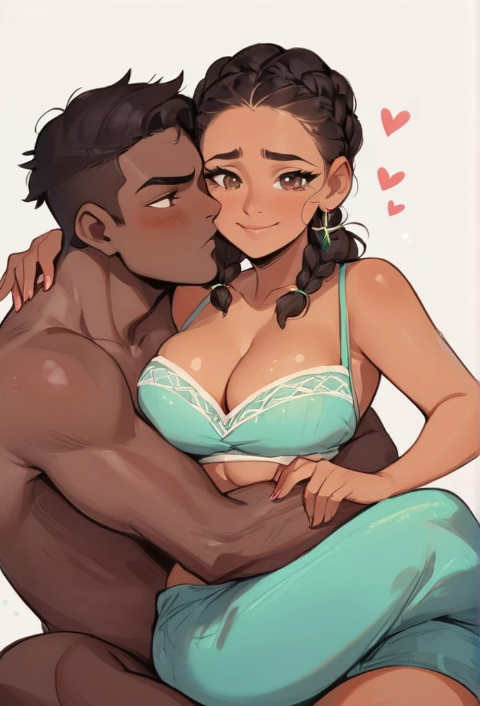 Latina squishy belly wife, dark skinned husband. Heart eyes. Sitting on his lap. French braids