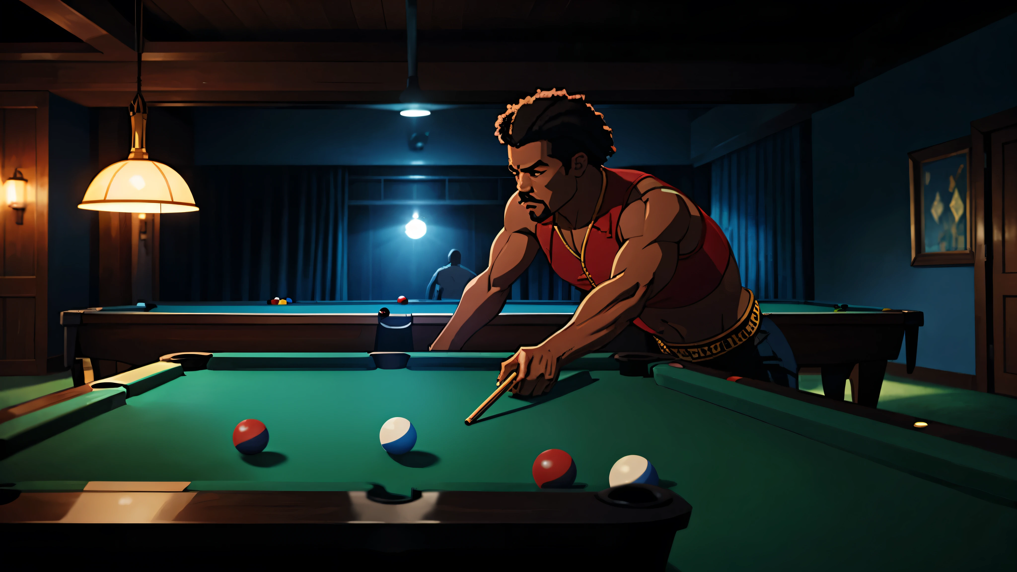 1970s, black gangsters, pool table, cinematic action, atmospheric perspective, depth of field, textured skin, super detail,