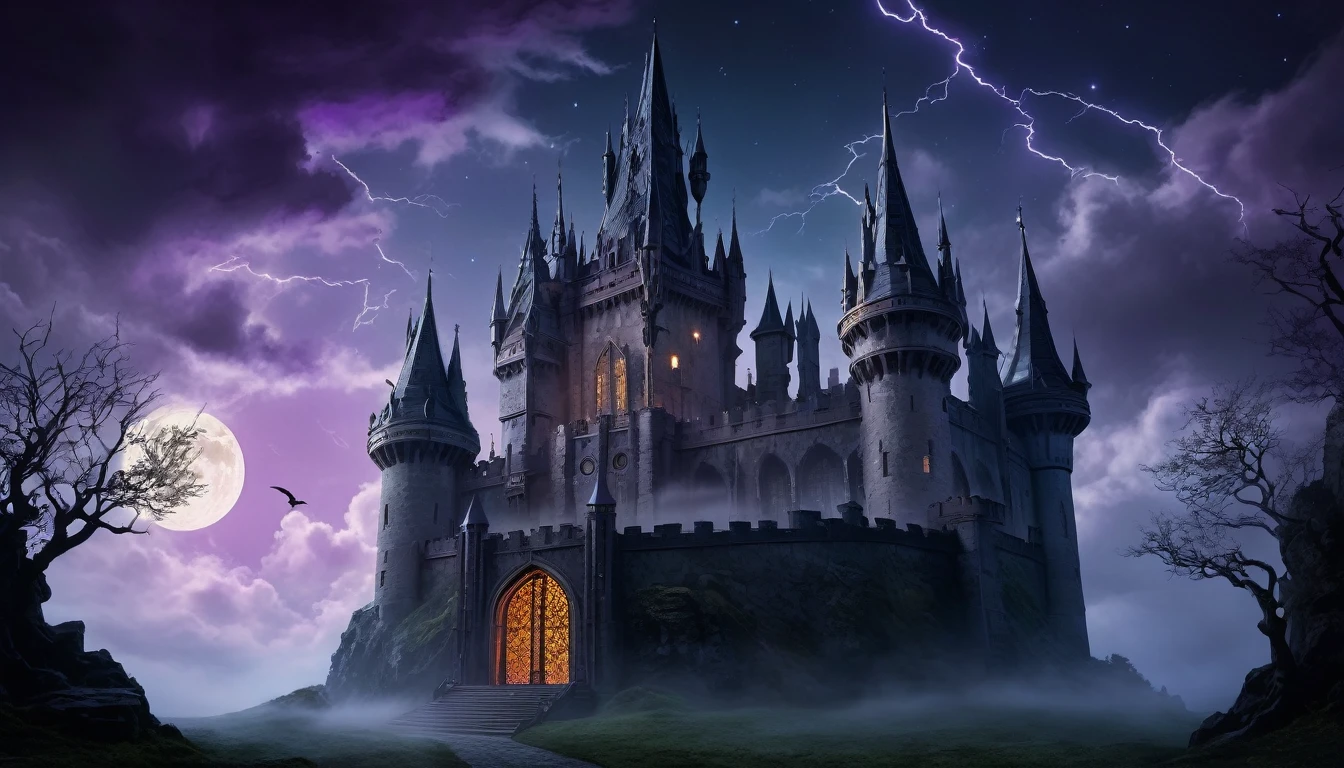 The castle features imposing Gothic towers that rise loftily into the heavens, with detailed spiers and pointed arches. The towers are adorned with menacing gargoyles, each carved with expressions of eternal vigilance. Large stained glass windows, elaborate and filtering light in shades of purple and black, decorate the walls. These stained glass windows are intricately designed with runes and necromantic symbols, creating a play of mystical light and shadows. The main gates are huge, double, and adorned with dark metals and runic details that glow with a pale purple light. Gate pillars are adorned with menacing gargoyles, guarding the entrance with watchful stone eyes. The castle is shrouded in a constant spectral fog, adding a layer of mystery and terror. Deep shadows permeate the environment, with dead vegetation and gnarled trees surrounding the castle, creating a contrast to its imposing luxury. The night sky is dramatic, with heavy clouds and occasional flashes of lightning, illuminating the castle in an eerie manner. The full moon, partially covered by clouds, casts a pale, cold light on the castle, highlighting its Gothic architecture and dark ornamentations.