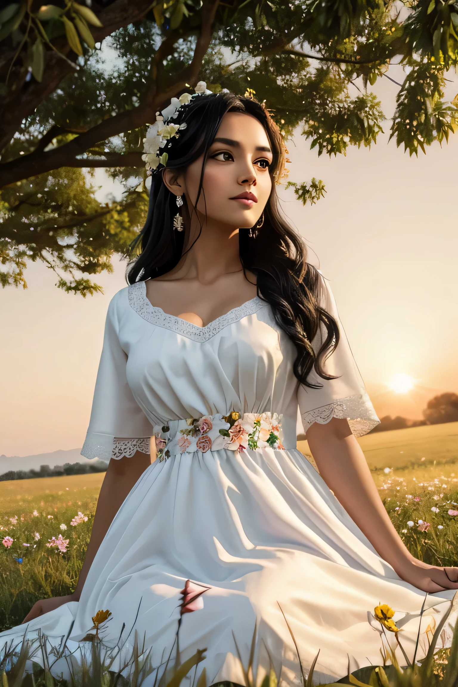 woman, black hair adorned with flowers, white cloth dress, among the grass, surrounded by white rabbits, looking at the camera, looking at the viewer, sunset background
