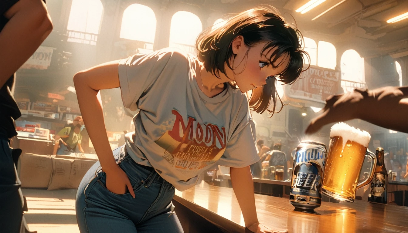 masterpiece, best quality, very aesthetic, (magazine cover:1.0), (cover-style:1.0), illustrated advertising of beer, cinematic lighting, 1Girl, Solo Focus, Noon, 1990s (Style), Denim Lens, Indoor, Short Sleeve T-shirt, intricate details