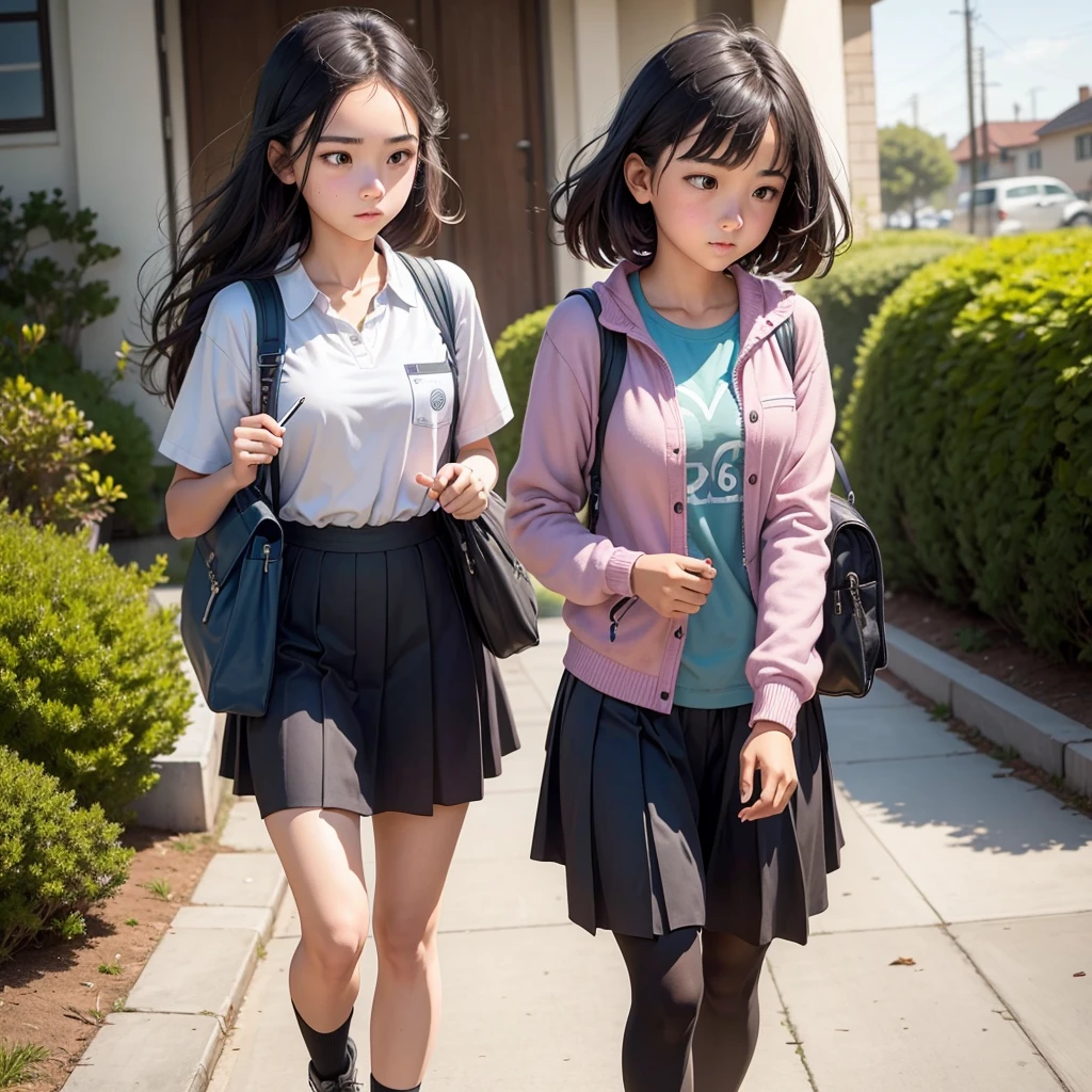 A 16-year-old girl walking to school with her study materials, pencils, notebook, colors 