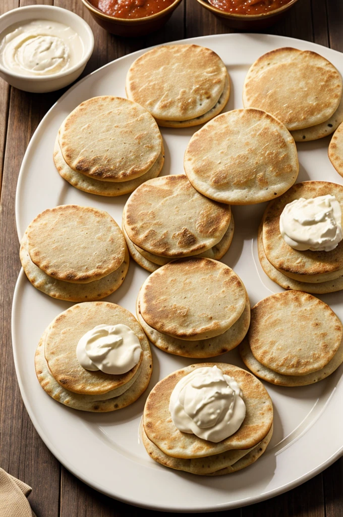 Gorditas de masa stuffed with pork rinds, served with sauce and cream.