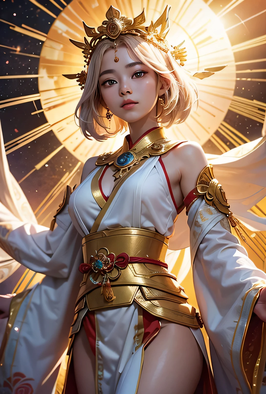 "Child of the Sun, Goddess of Love": Within a sacred sanctuary bathed in sunlight, depict the figure of a sun goddess who governs love, facing forward and emanating divine radiance. She is a , around 3 . Zoom in to focus on her face, with a gleaming orb of light in her hands, representing the life-giving power of the sun. Her hair is shimmering gold, and she is wearing a traditional miko outfit as seen in Japanese shrines. The background should be predominantly gold, evoking a sense of divine splendor, with numerous heart-themed objects expressing the beauty of love. The setting is in heaven, enveloped in soft, bright light, where one can find tranquility and peace of mind, free from any trace of anxiety.