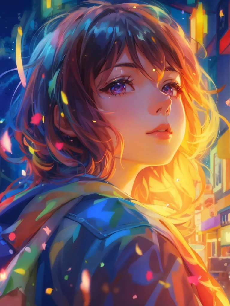 a girl with a bright hair and a blue jacket looks at the camera, inspired by Yuumei, digital anime art, colorful digital painting, rossdraws cartoon vibrant, anime style 4 k, alice x. zhang, by Yuumei, digital anime illustration, beautiful anime portrait, vibrant digital painting, detailed digital anime art, anime digital art