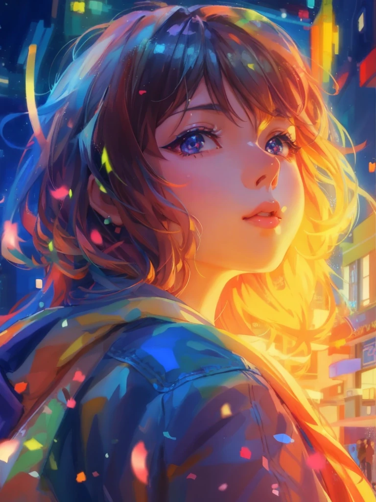 a girl with a bright hair and a blue jacket looks at the camera, inspired by Yuumei, digital anime art, colorful digital painting, rossdraws cartoon vibrant, anime style 4 k, alice x. zhang, by Yuumei, digital anime illustration, beautiful anime portrait, vibrant digital painting, detailed digital anime art, anime digital art