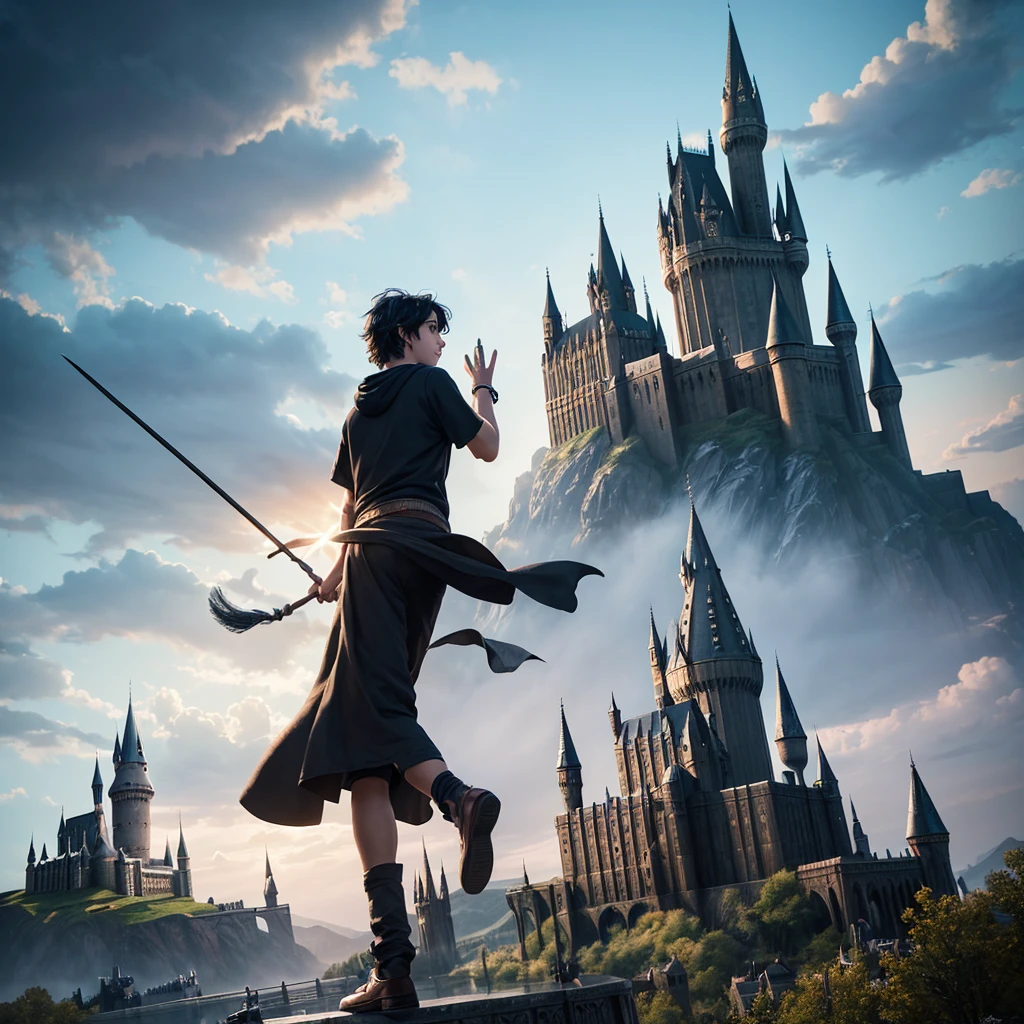 a young boy with messy black hair wearing casual clothes, flying on a broomstick, waving a magic wand, casting spells, Hogwarts castle in the background, cinematic lighting, dramatic angle, ultra-detailed, 8k, photorealistic, fantasy art, digital illustration