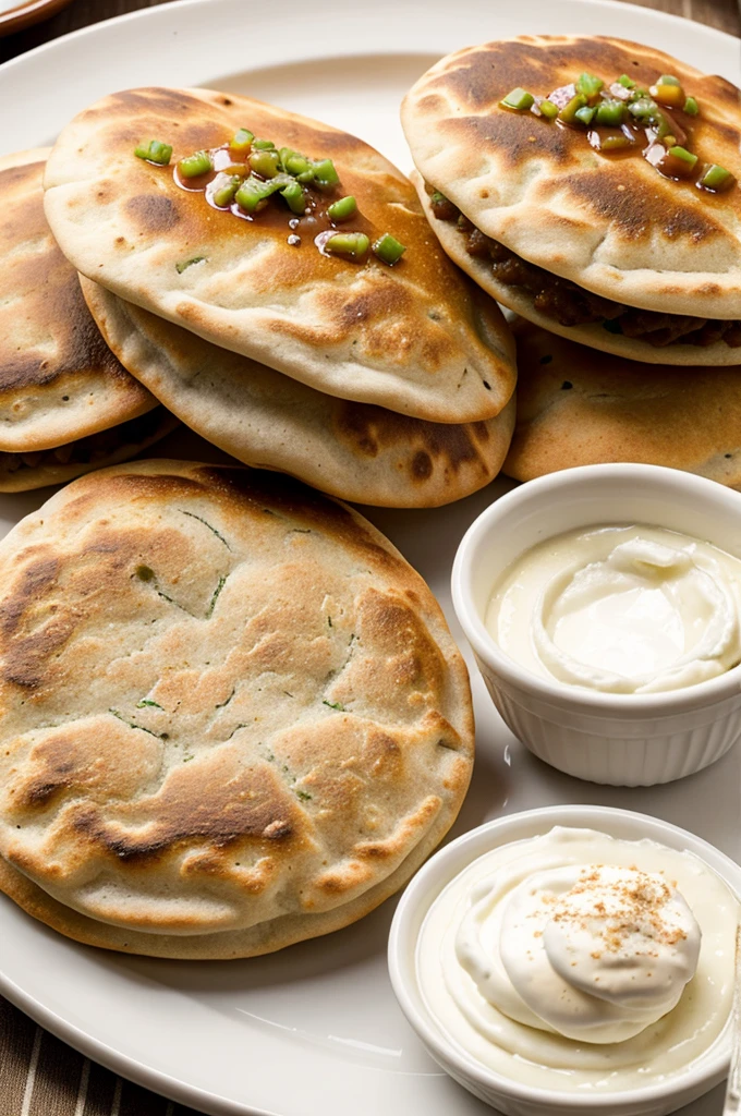 Gorditas de masa stuffed with pork rinds, served with sauce and cream.