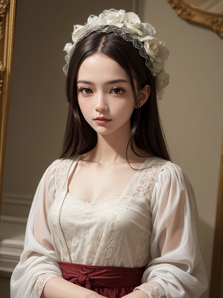 (Highest quality), (masterpiece), highly detailed, I'm having raw sex with a young girl, Riho Yoshioka, who is lying on her back on the bed and wearing a see-through white swimsuit., body, whole body, Eyes that are evenly shaped, Big eyes, Droopy eyes, A dreamy look, Seductive pose, very very short hair, Almost flat breasts, she does shy smile, she is blushing, She has a full head of pubic hair, Beautiful Vagina, I am having sex with her, get creampied, She is gasping with her mouth open, A simple background with just a sheet,