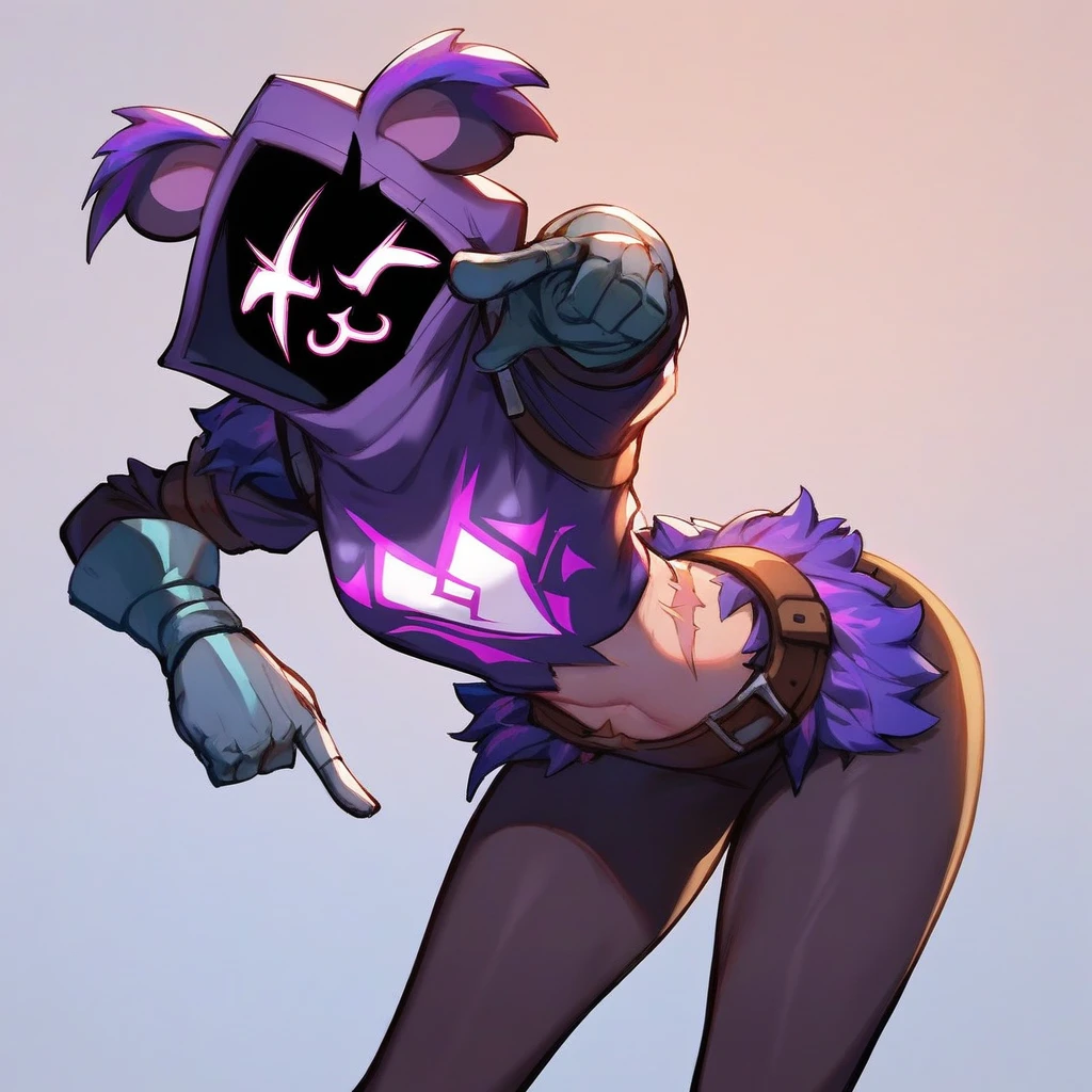 Raven team leader,purple hoodie, with no face, shadowed face, animal ears,purple skin, scar on eye, body skin, purple fur, waist belt, torso symbol, metal gloves, pointing your ass at the viewer, leaning forward, pushing, she closes her eyes, hands resting on top of a small wall, her with her eyes closed, hands are not in the air, expression of force, stomachache, stomach growling. day Of course