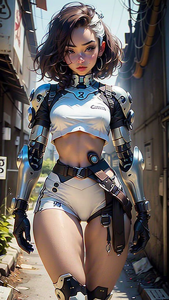 Woman body defined thick thighs cybernetic body parts, short underwear