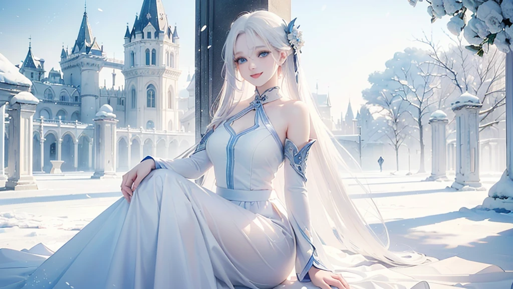 ((best quality，masterpiece，Extremely complex and exquisite details，There is only one beautiful woman with long white straight hair and blue eyes，Smile，long skirt))，(Exquisite light blue and white clothing，Beautiful bright and exquisite ancient style white castle architectural background)，(correct anatomy)，(Exquisite fantasy dream style，Snow，Falling Flowers，The great outdoors)，Sitting