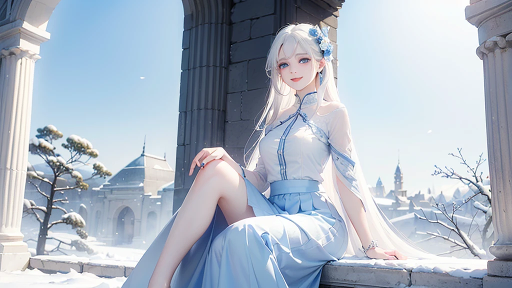 ((best quality，masterpiece，Extremely complex and exquisite details，There is only one beautiful woman with long white straight hair and blue eyes，Smile，long skirt))，(Exquisite light blue and white clothing，Beautiful bright and exquisite ancient style white castle architectural background)，(correct anatomy)，(Exquisite fantasy dream style，Snow，Falling Flowers，The great outdoors)，Sitting