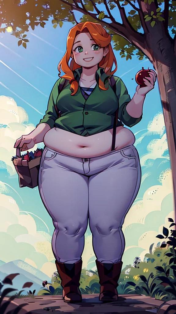 Green simple tunic, suspenders, jeans, brown boots, happy face, smiling, day, long hair, outside, daylight, sunny day, near an apple tree, holding an Apple, chubby, chubby belly, belly rolls