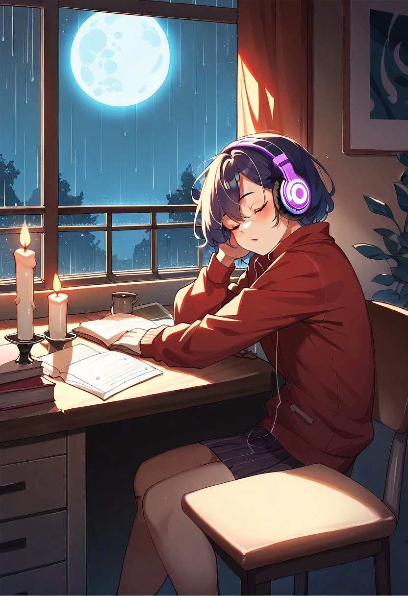 night、Sleeping at the study desk, Listening to music with headphones, lonely, Rain on the window, Candles on a chair, The moon's light is reflected in the window