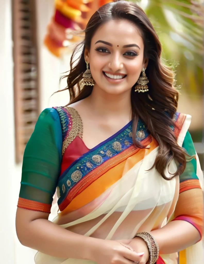 sonakshi, outdoors, smiling, looking looking at camera, colorful high neck (Organza_saree_blouse:1.2),  longshort|flowing|tied} hair, ultra-detailed, photorealistic, intricate details, perfect face, full sharp, detailed face, realistic eyes,simple white stucco background   