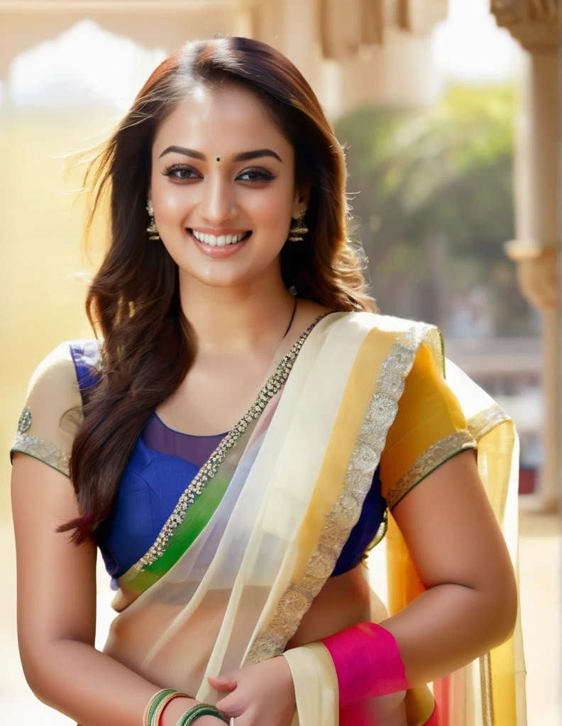 sonakshi, outdoors, smiling, looking looking at camera, colorful high neck (Organza_saree_blouse:1.2),  longshort|flowing|tied} hair, ultra-detailed, photorealistic, intricate details, perfect face, full sharp, detailed face, realistic eyes,simple white stucco background   