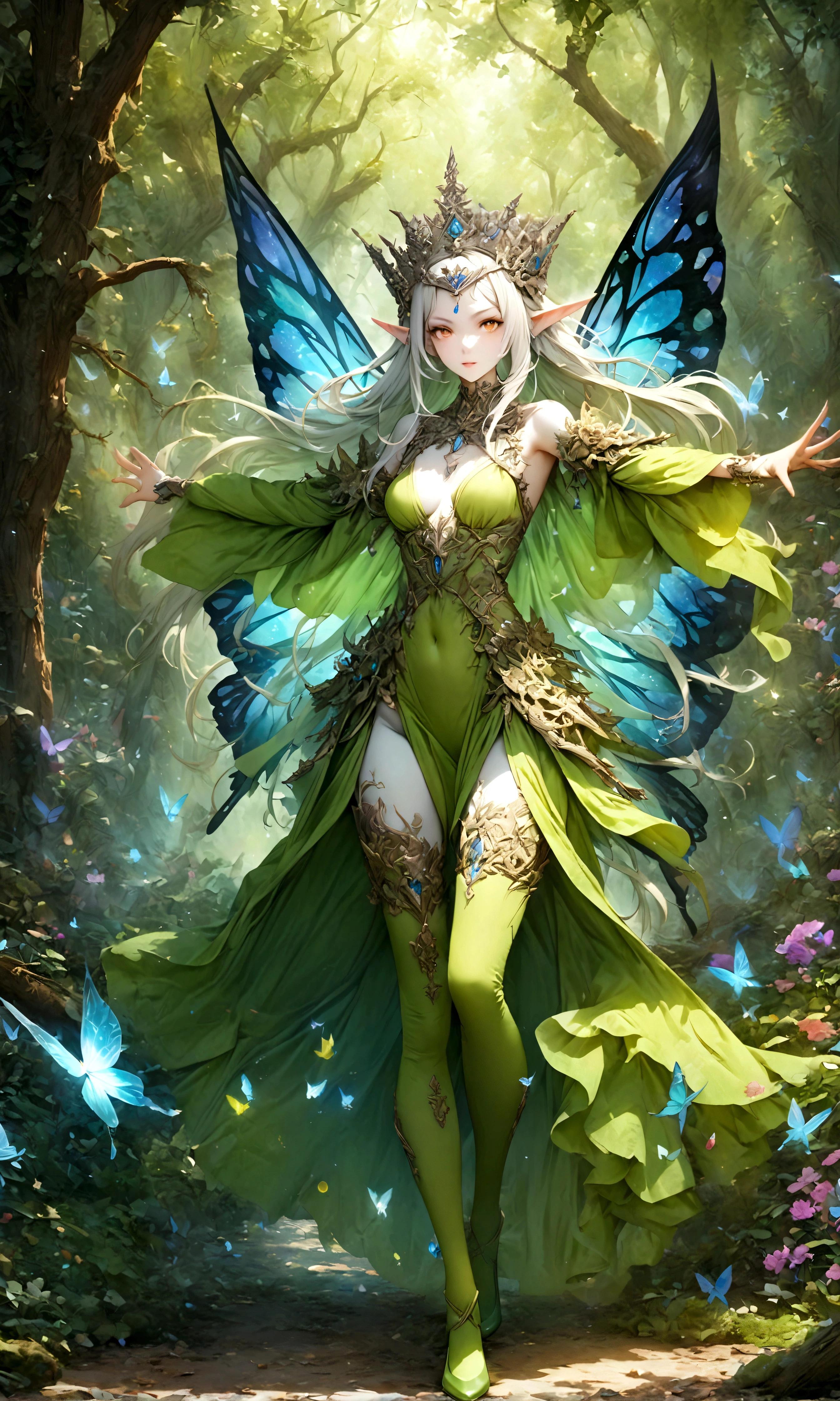 draw the queen of spirits,white skin type,perfect face,pointed ears,elf elements,Queen's tiara made of silver,noble and beautiful,confident look,It's a tree spirit,fairy wings,perfect proportions,(Perfect Anatomy: 1.3),zoom out,show the whole body,Make brown and green the main colors,use magic,elegant,rich colors,artwork,rendering,dynamic pose,(highest quality:1.4),(Super detailed:1.5),High resolution,Very detailed,unity 8k wallpaper,elements of dark fantasy,Light and darkness,Wind,fairy forest,shining butterfly,anatomically correct