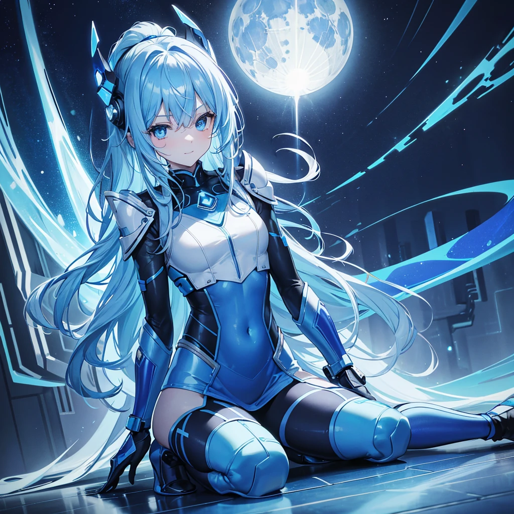 8K, Highest quality, (real:1.4), Original photo, 1 girl, Asari Hair, Biological Amplifier, Very sleek and futuristic armor, posture: Peace talks between warring factions,,attention arousal, smart blue eyes,A modest smile,Knee-high boots,Patent-look blue tights,Blue big moon and blue light swirl in the background,Blue light from behind,blue light magic,A small, glowing blue ball in the palm of your hand,Blue flame swirl,Blue Comet,Polished floor,