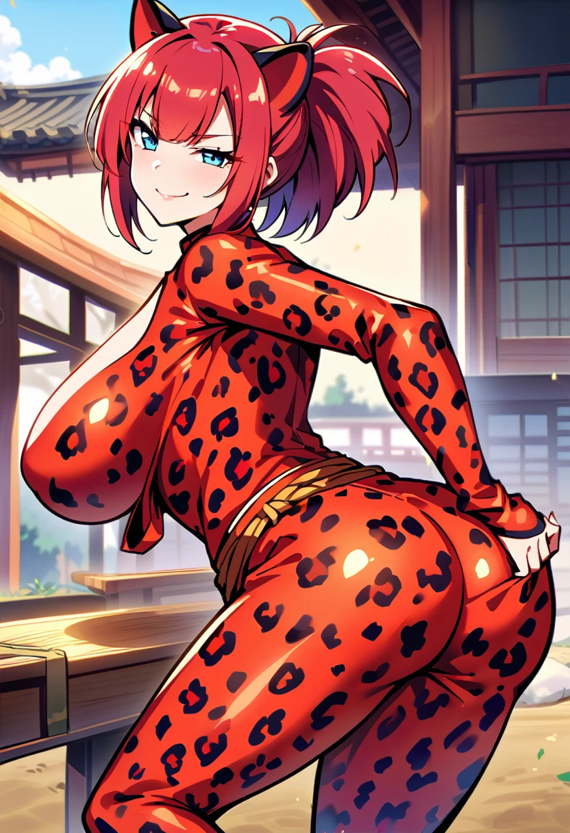 female samurai,is wearing a red leopard bodysuit, red hair and blue eyes, big breasts can be seen, winks at the viewer, Smiles, she takes off her clothes, the viewer looks at the butt