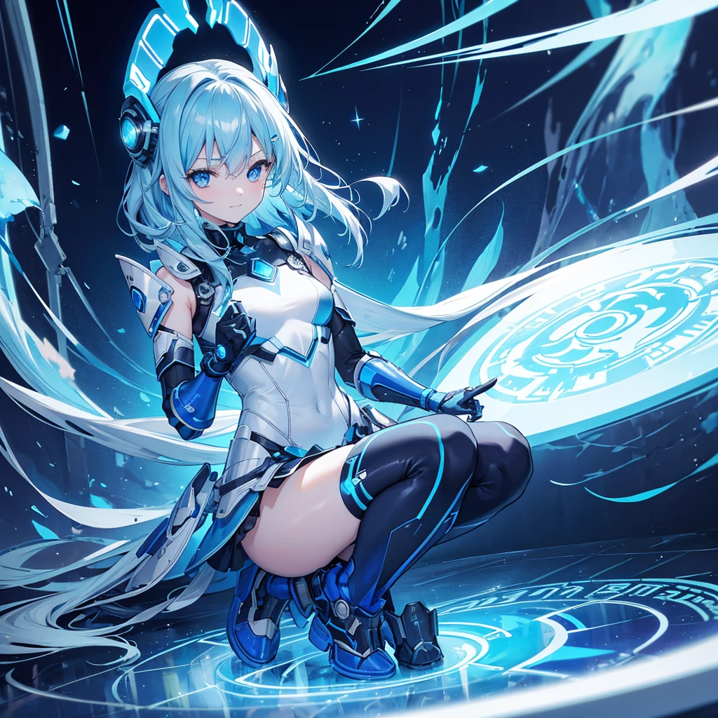 8K, Highest quality, (real:1.4), Original photo, 1 girl, Asari Hair, Biological Amplifier, Very sleek and futuristic armor, posture: Peace talks between warring factions,,attention arousal, smart blue eyes,A modest smile,Knee-high boots,Patent-look blue tights,Blue big moon and blue light swirl in the background,Blue light from behind,blue light magic,A small, glowing blue ball in the palm of your hand,Blue flame swirl,Blue Comet,Polished floor,