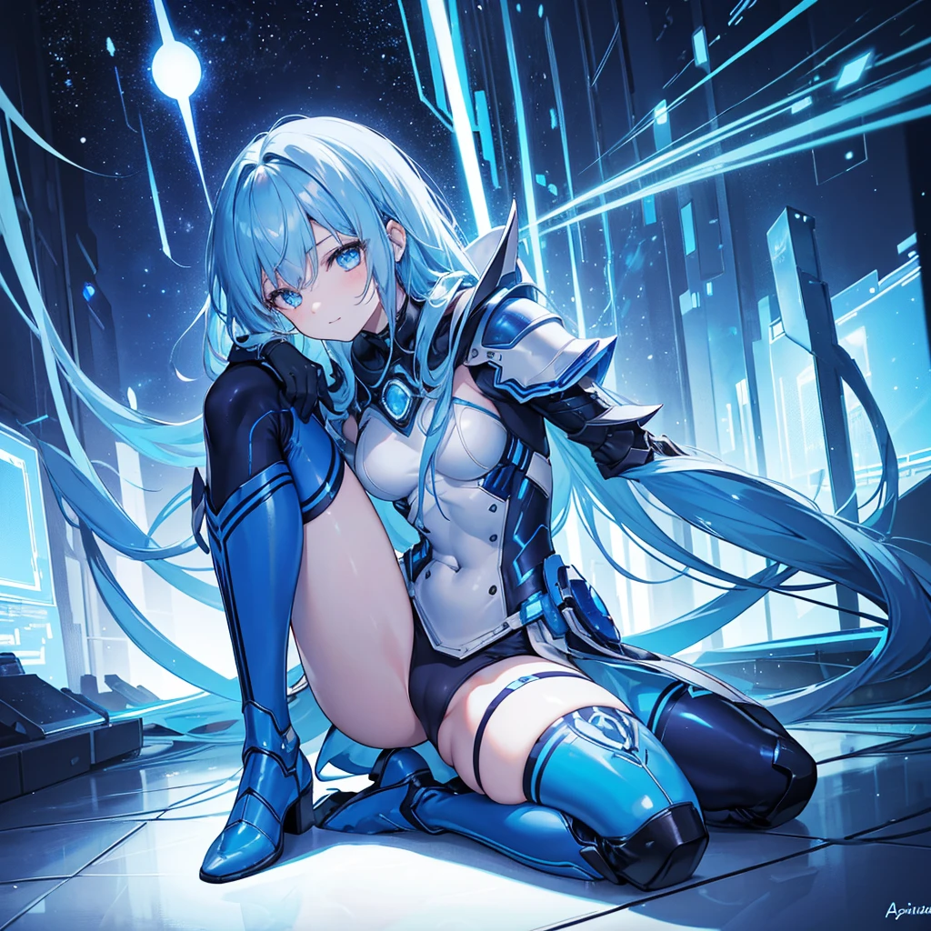8K, Highest quality, (real:1.4), Original photo, 1 girl, Asari Hair, Biological Amplifier, Very sleek and futuristic armor, posture: Peace talks between warring factions,,attention arousal, smart blue eyes,A modest smile,Knee-high boots,Patent-look blue tights,Blue big moon and blue light swirl in the background,Blue light from behind,blue light magic,A small, glowing blue ball in the palm of your hand,Blue flame swirl,Blue Comet,Polished floor,