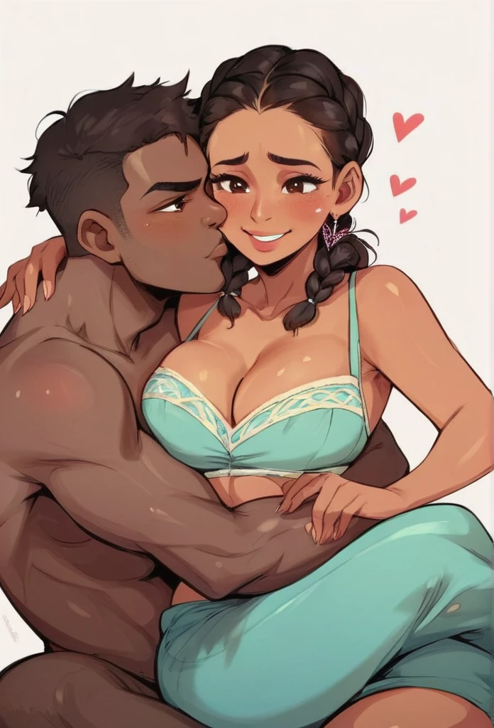 Latina squishy belly wife, dark skinned husband. Heart eyes. Sitting on his lap. French braids